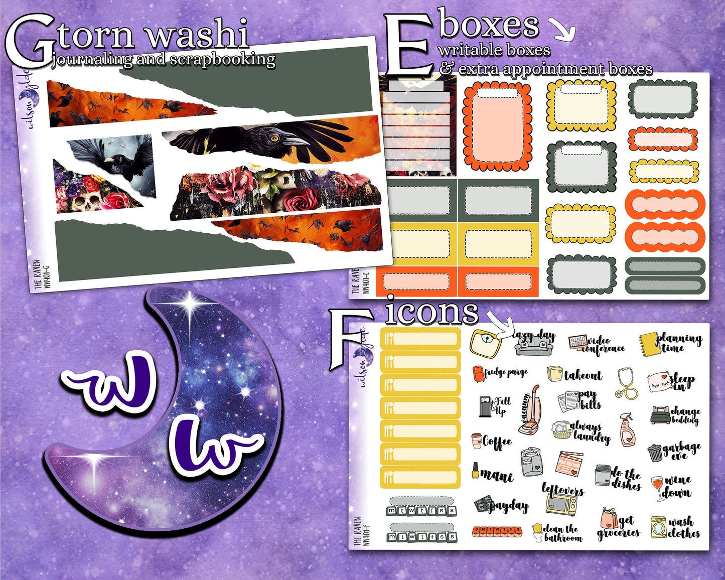 The Raven full weekly sticker kit, STANDARD VERTICAL format, a la carte and bundle options. WW401
