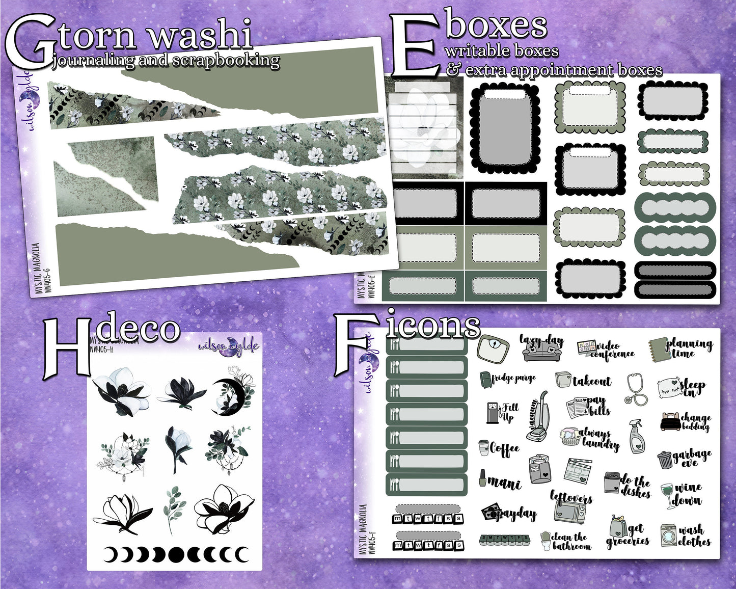 Mystic Magnolia full weekly sticker kit, standard vertical format, a la carte and bundle options. WW405