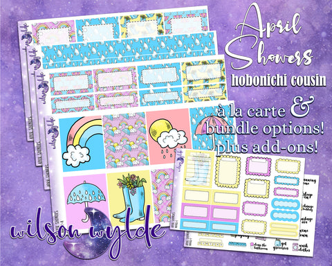 April Showers full weekly sticker kit, hobonichi cousin format, a la carte and bundle options. WW412