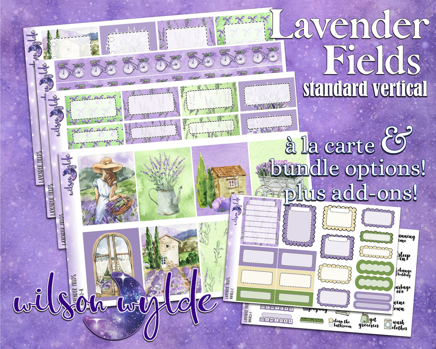 Lavender Fields full weekly sticker kit, standard vertical format, a la carte and bundle options. WW402