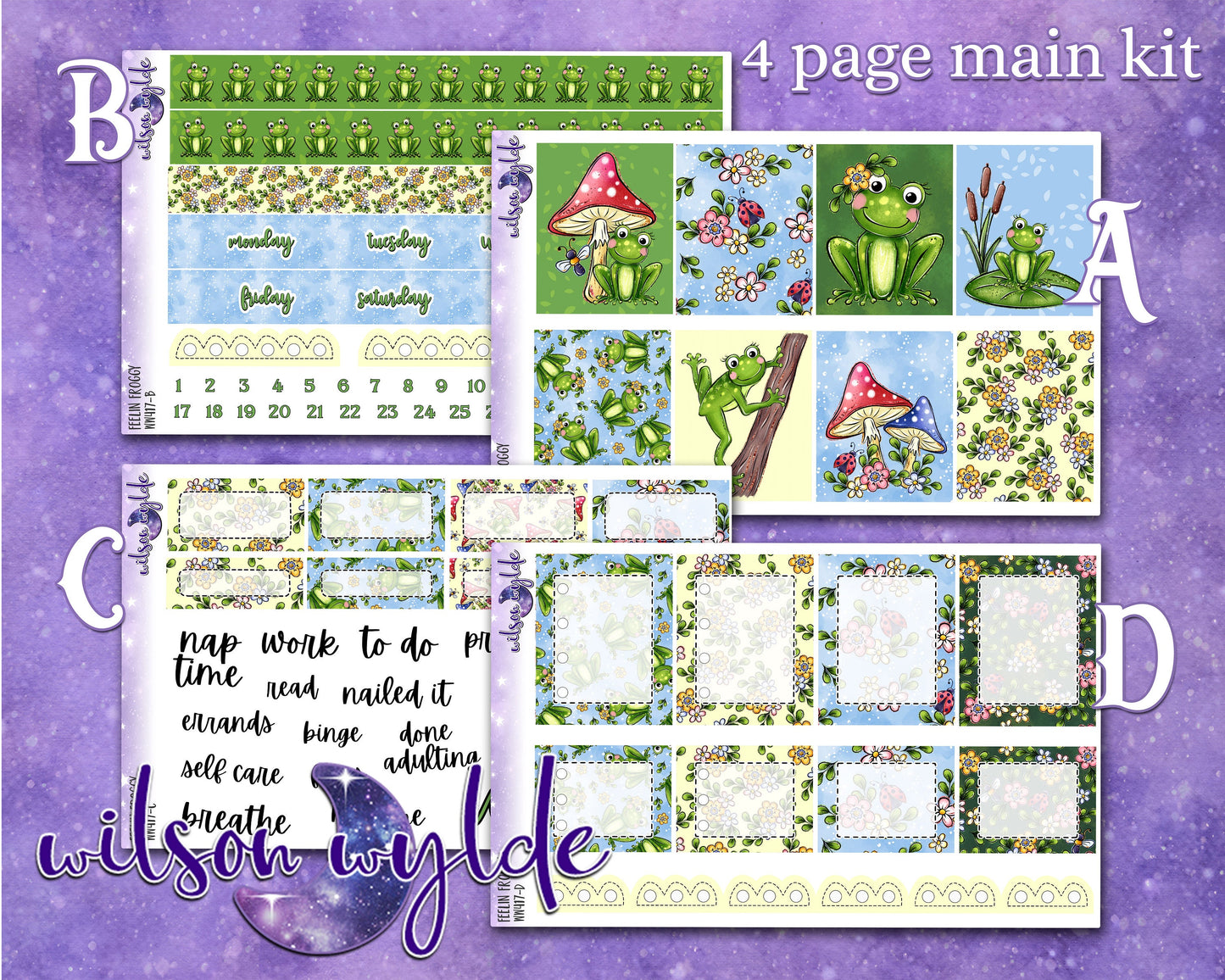 Feelin Froggy full weekly sticker kit, HOBONICHI COUSIN format, a la carte and bundle options. WW417
