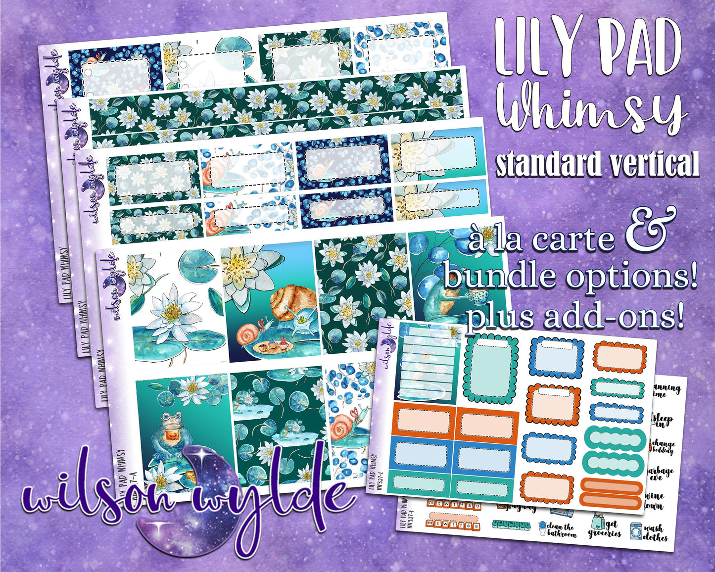 Lily Pad Whimsy full weekly sticker kit, standard vertical format, a la carte and bundle options. WW327
