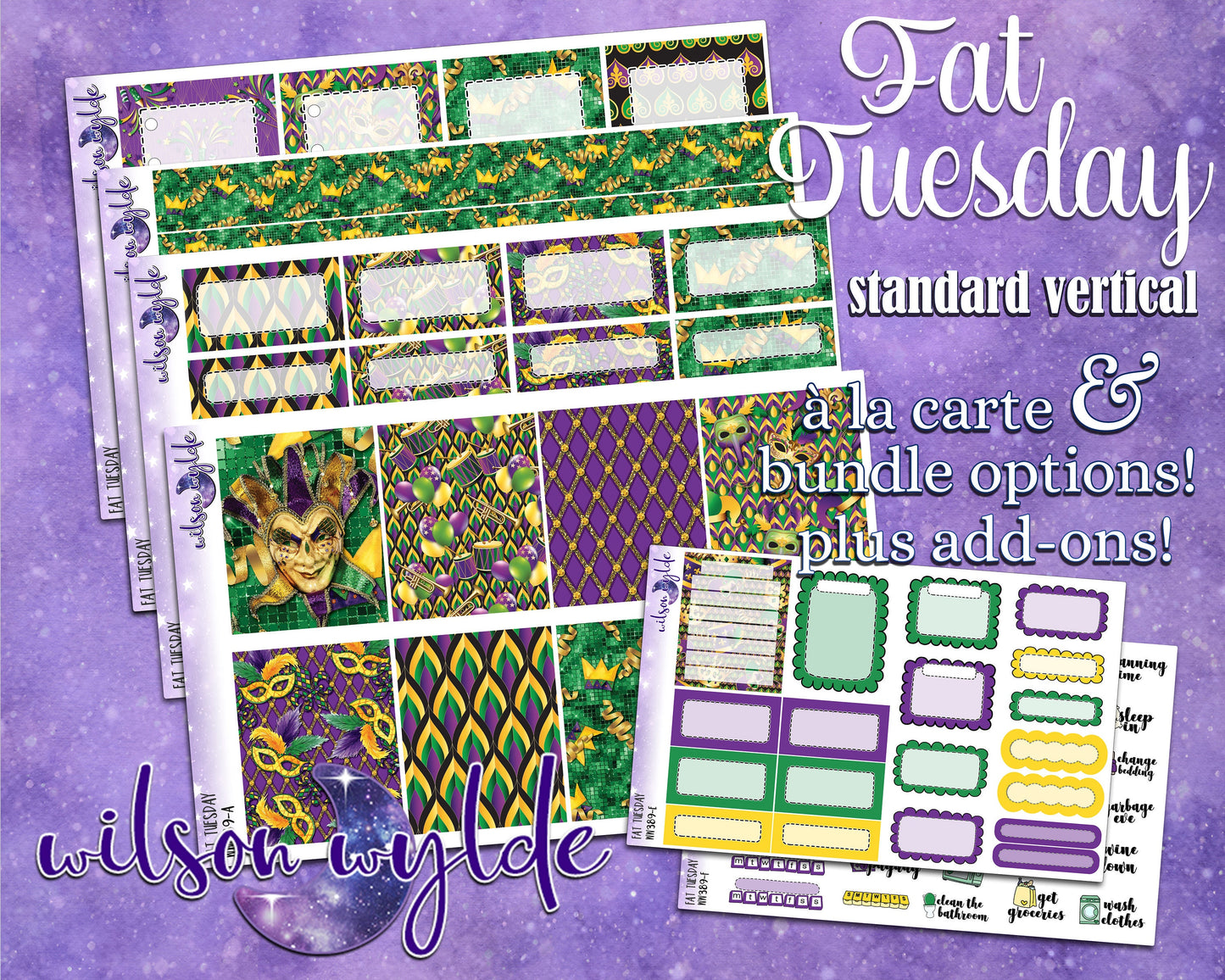 Fat Tuesday full weekly sticker kit, Mardi Gras, STANDARD VERTICAL format, a la carte and bundle options. WW389