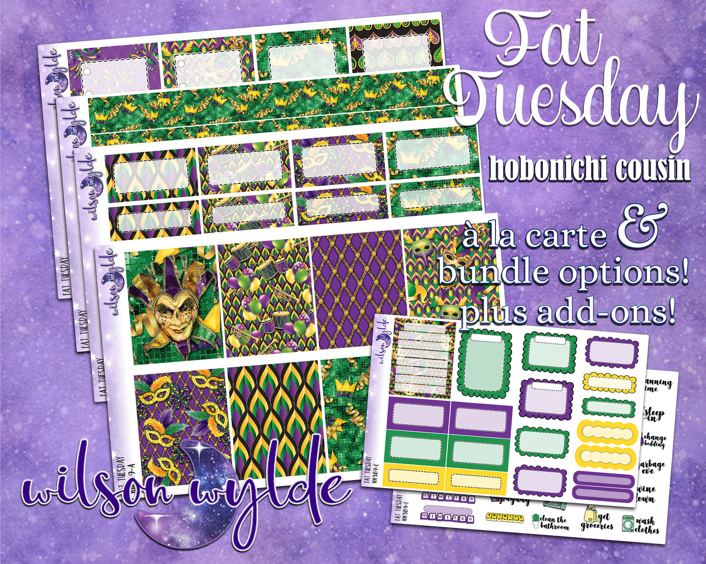 Fat Tuesday full weekly sticker kit, Mardi Gras, HOBONICHI COUSIN format, a la carte and bundle options. WW389