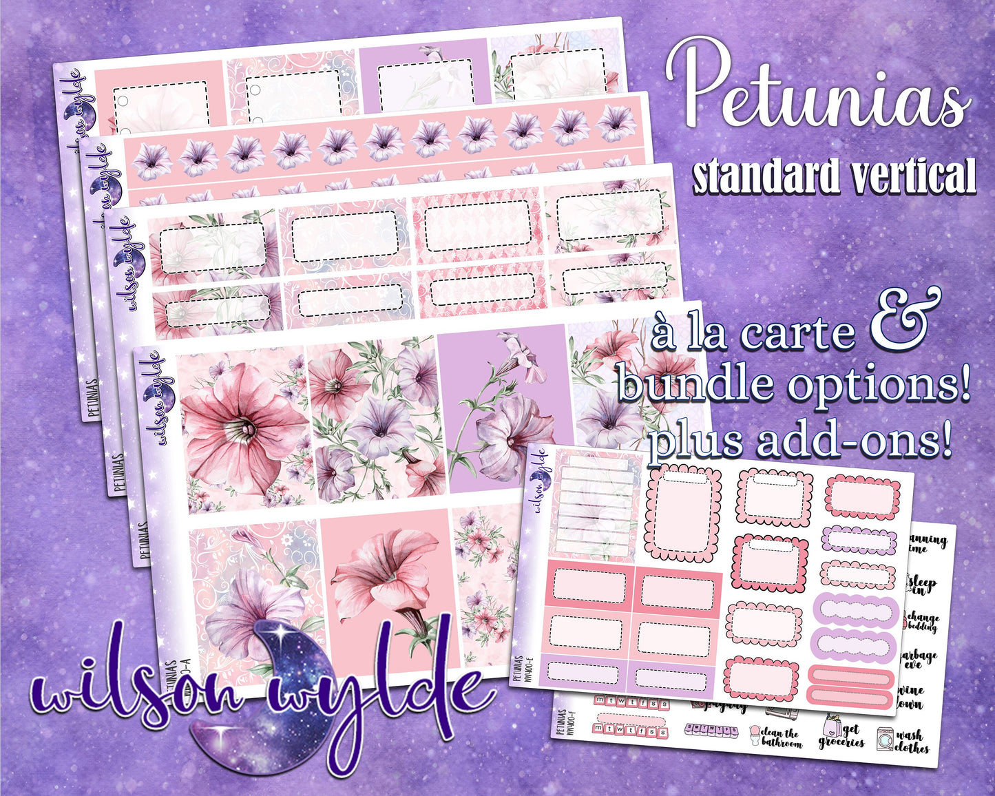 Petunias full weekly sticker kit, standard vertical format, a la carte and bundle options. WW400
