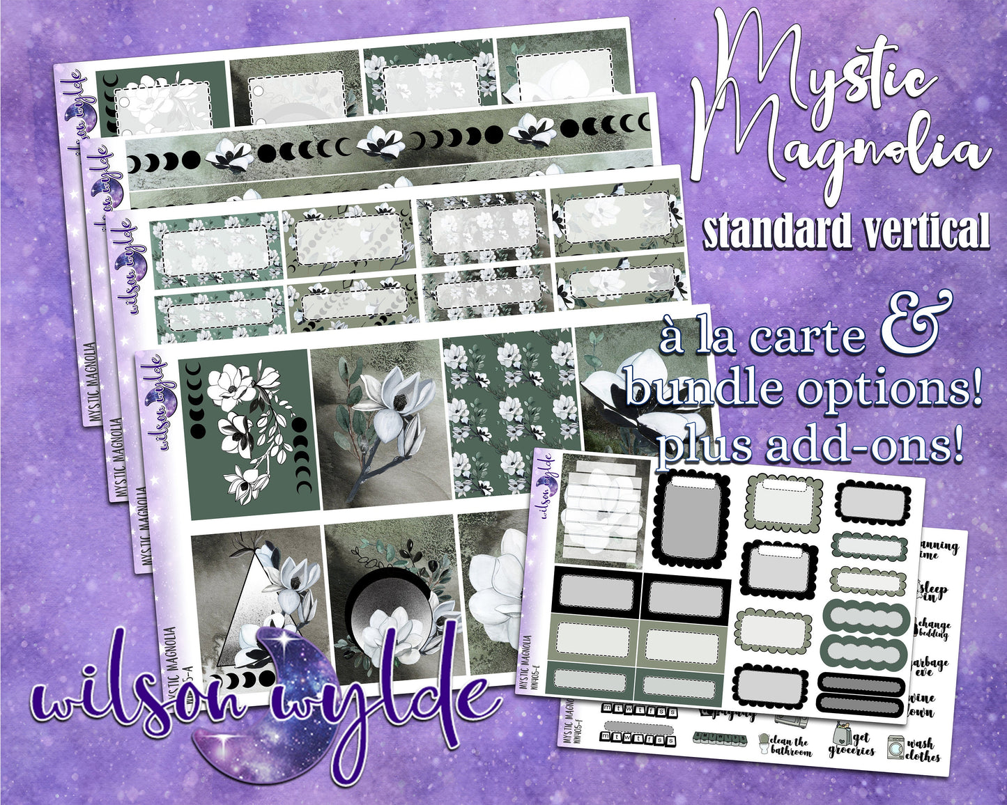 Mystic Magnolia full weekly sticker kit, standard vertical format, a la carte and bundle options. WW405