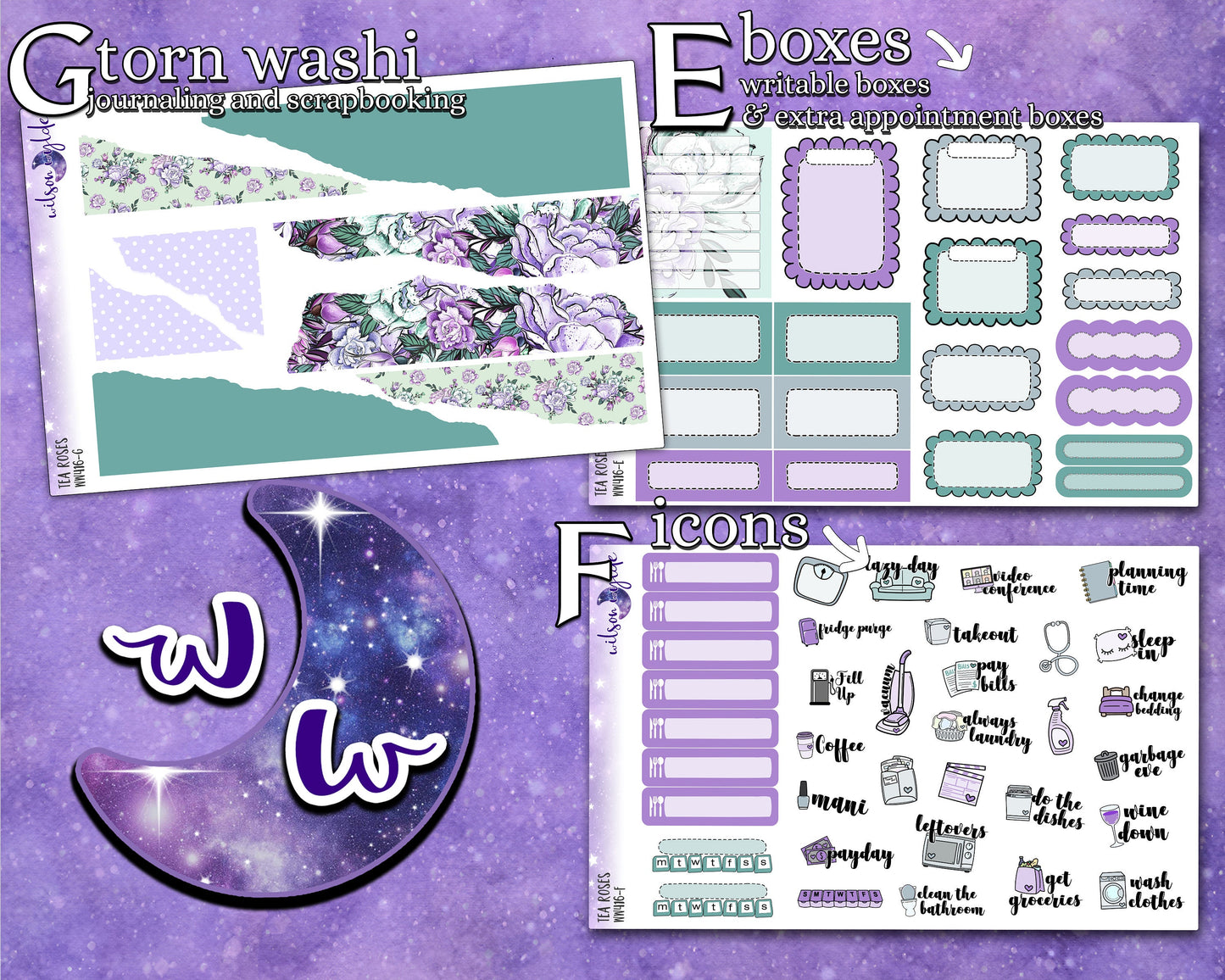 Tea Roses full weekly sticker kit, STANDARD VERTICAL format, a la carte and bundle options. WW416
