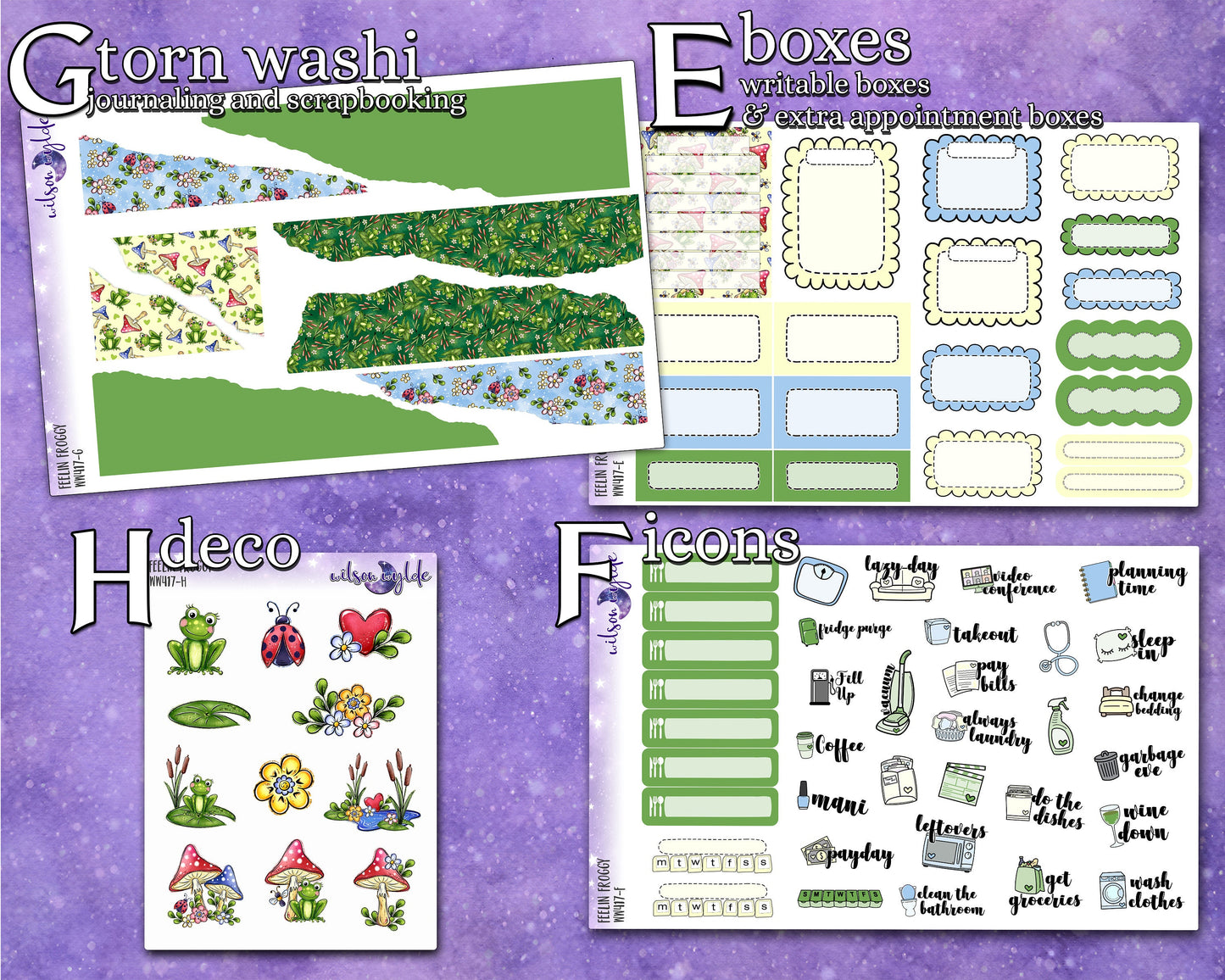 Feelin Froggy full weekly sticker kit, HOBONICHI COUSIN format, a la carte and bundle options. WW417