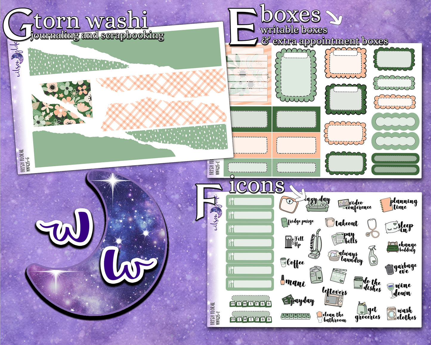 Fresh Floral full weekly sticker kit, hobonichi cousin format, a la carte and bundle options. WW425