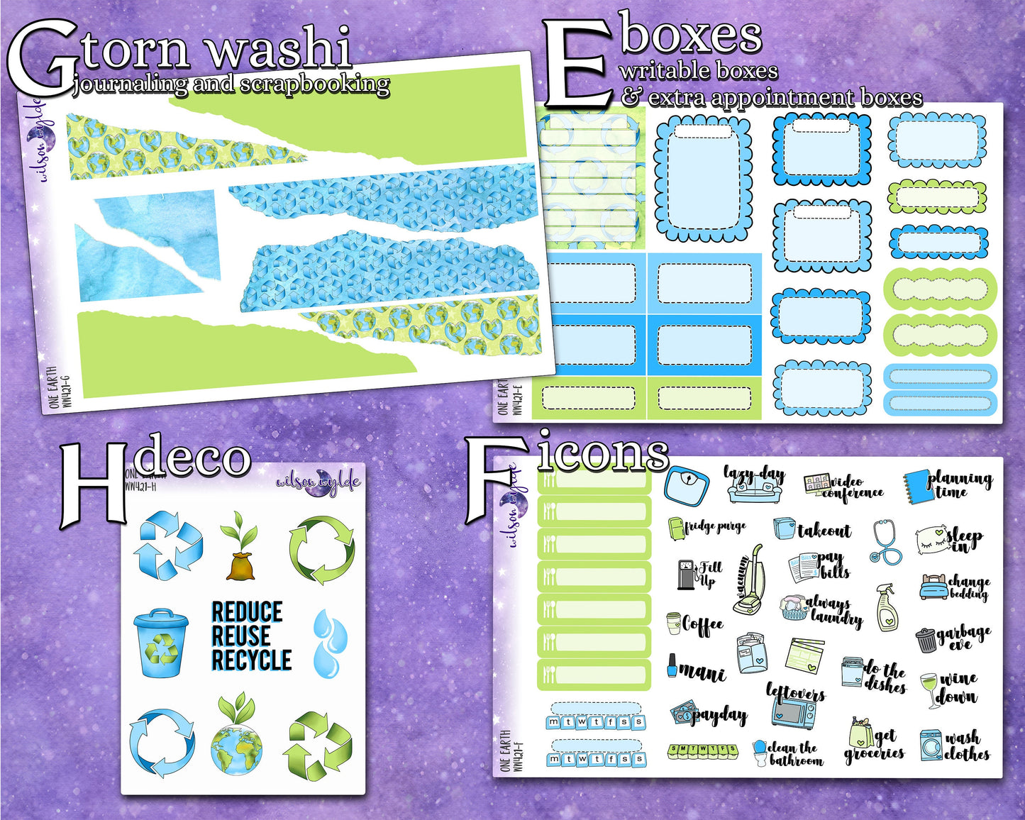 One Earth full weekly sticker kit, hobonichi cousin format, a la carte and bundle options. WW421