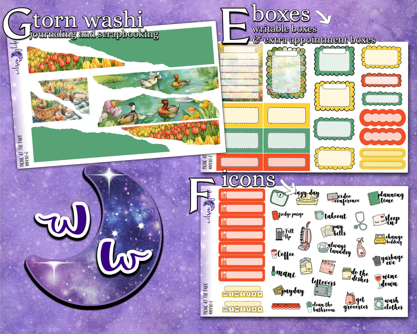 Picnic at the Park full weekly sticker kit, HOBONICHI COUSIN format, a la carte and bundle options. WW430