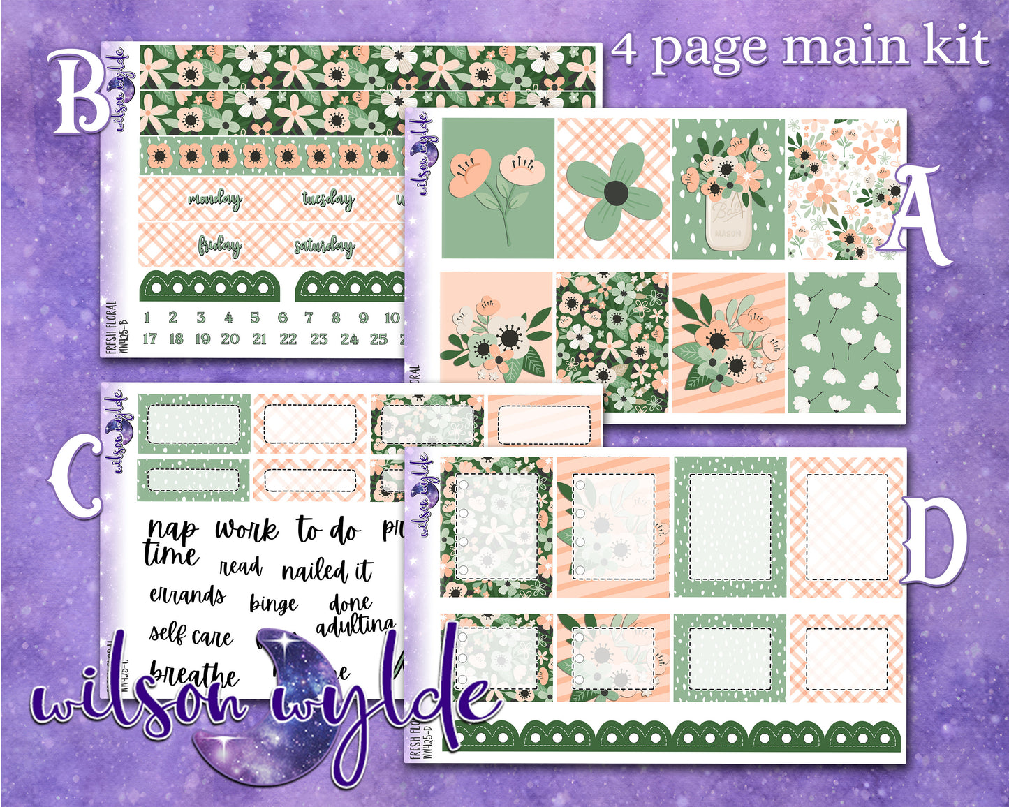 Fresh Floral full weekly sticker kit, hobonichi cousin format, a la carte and bundle options. WW425
