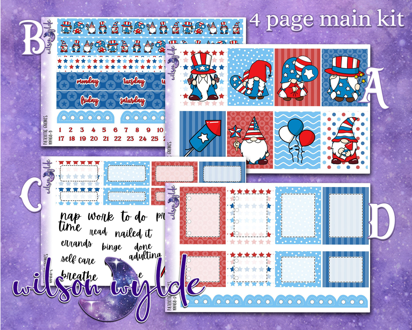 Patriotic Gnomes full weekly sticker kit, STANDARD VERTICAL format, a la carte and bundle options. WW468