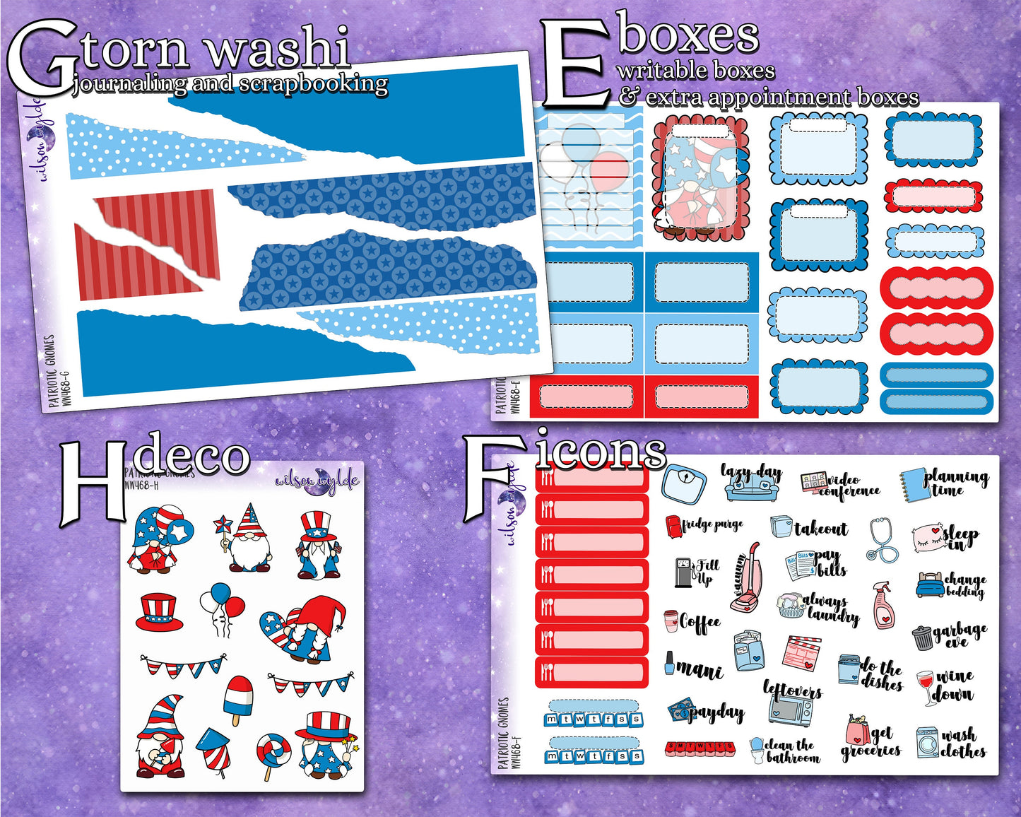 Patriotic Gnomes full weekly sticker kit, STANDARD VERTICAL format, a la carte and bundle options. WW468