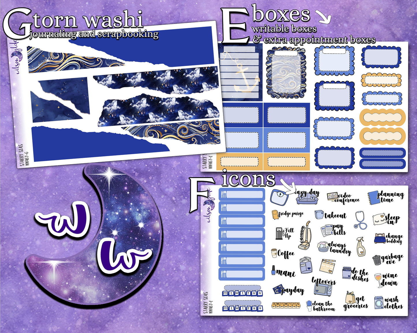 Starry Seas full weekly sticker kit, HOBONICHI COUSIN format, a la carte and bundle options. WW467