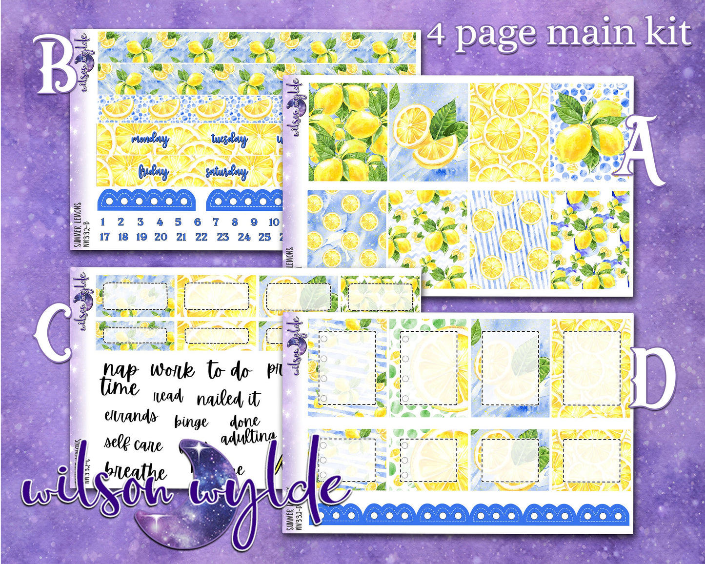 Summer Lemons full weekly sticker kit, STANDARD VERTICAL format, a la carte and bundle options. WW332