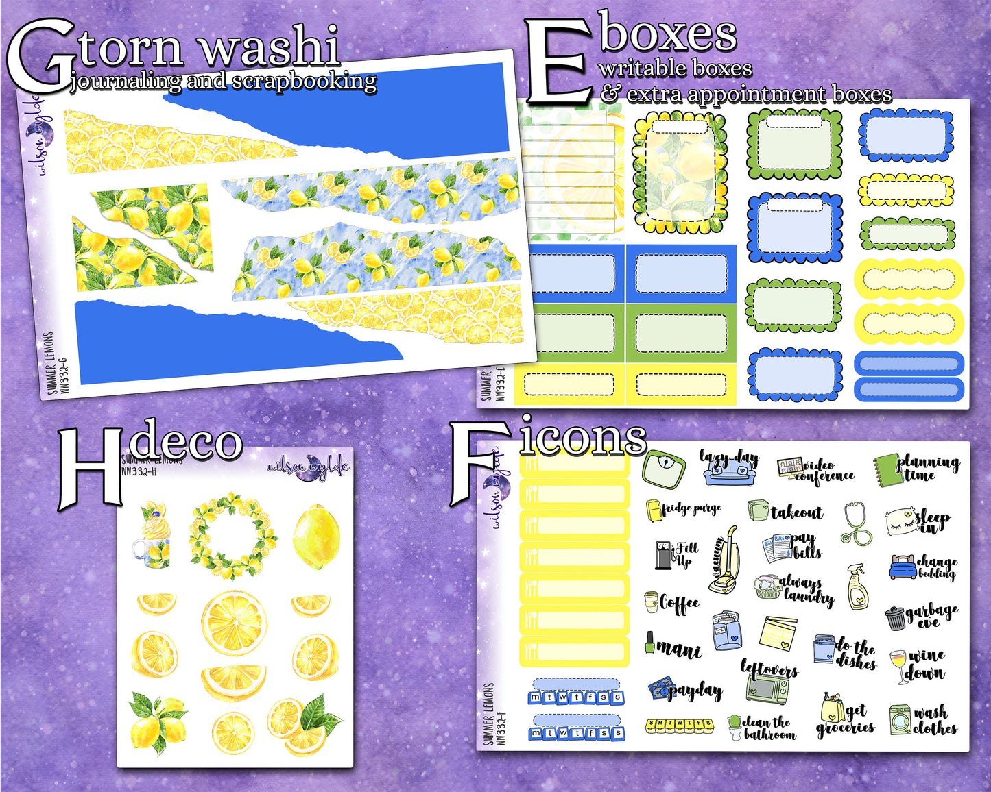 Summer Lemons full weekly sticker kit, STANDARD VERTICAL format, a la carte and bundle options. WW332