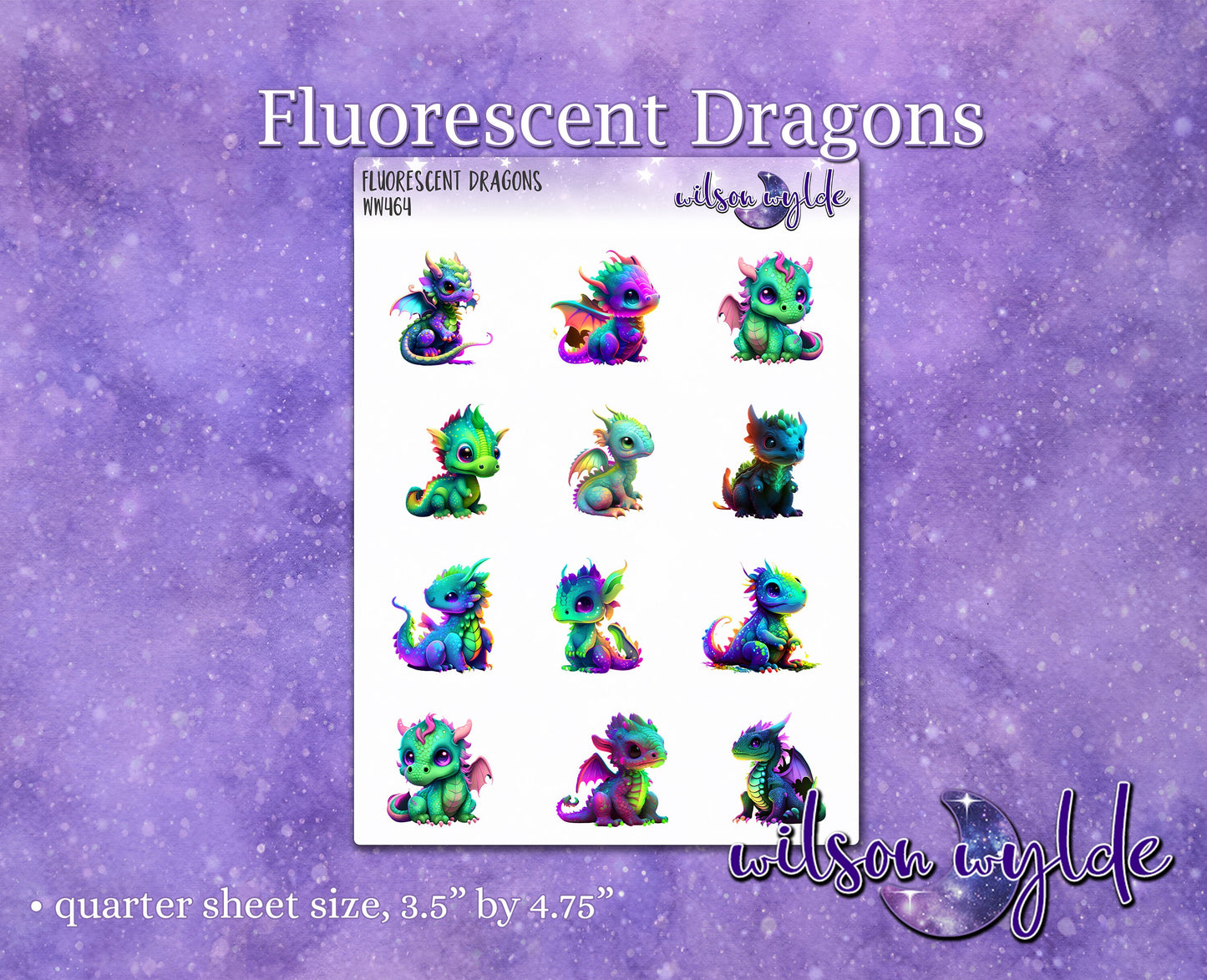 Fluorescent Dragons deco planner stickers, WW464