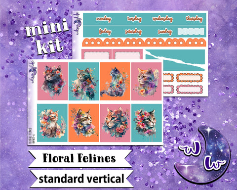 Floral Felines mini weekly sticker kit, STANDARD VERTICAL format, a la carte and bundle options. WW407