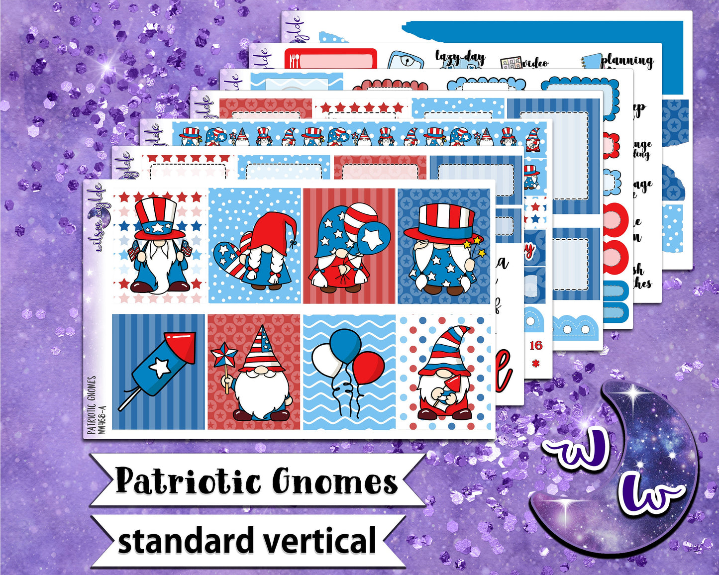 Patriotic Gnomes full weekly sticker kit, STANDARD VERTICAL format, a la carte and bundle options. WW468