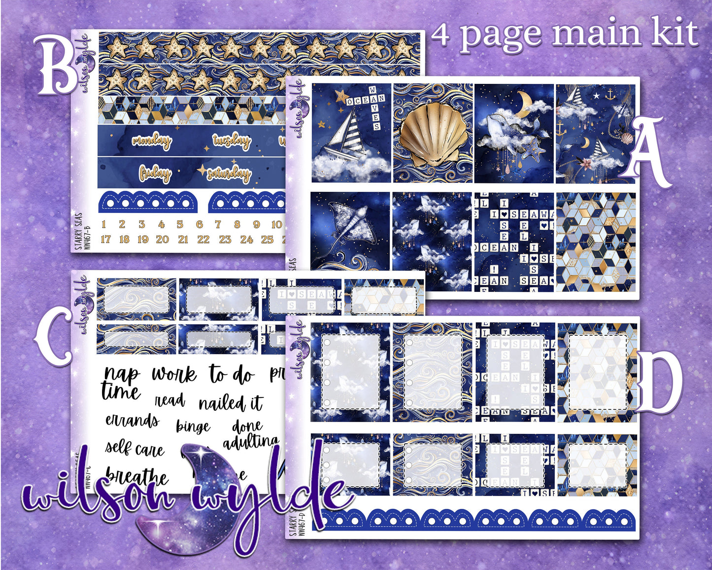 Starry Seas full weekly sticker kit, HOBONICHI COUSIN format, a la carte and bundle options. WW467