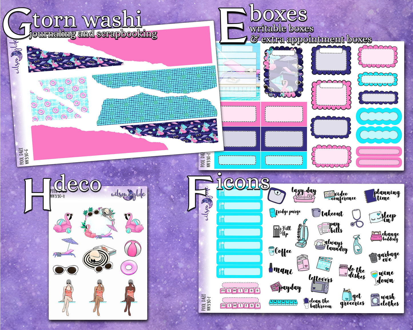 Pool Daze full weekly sticker kit, HOBONICHI COUSIN format, a la carte and bundle options. WW330
