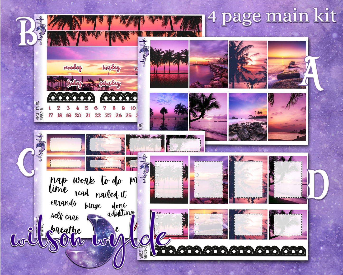 Sunset Palms full weekly sticker kit, HOBONICHI COUSIN format, a la carte and bundle options. WW489