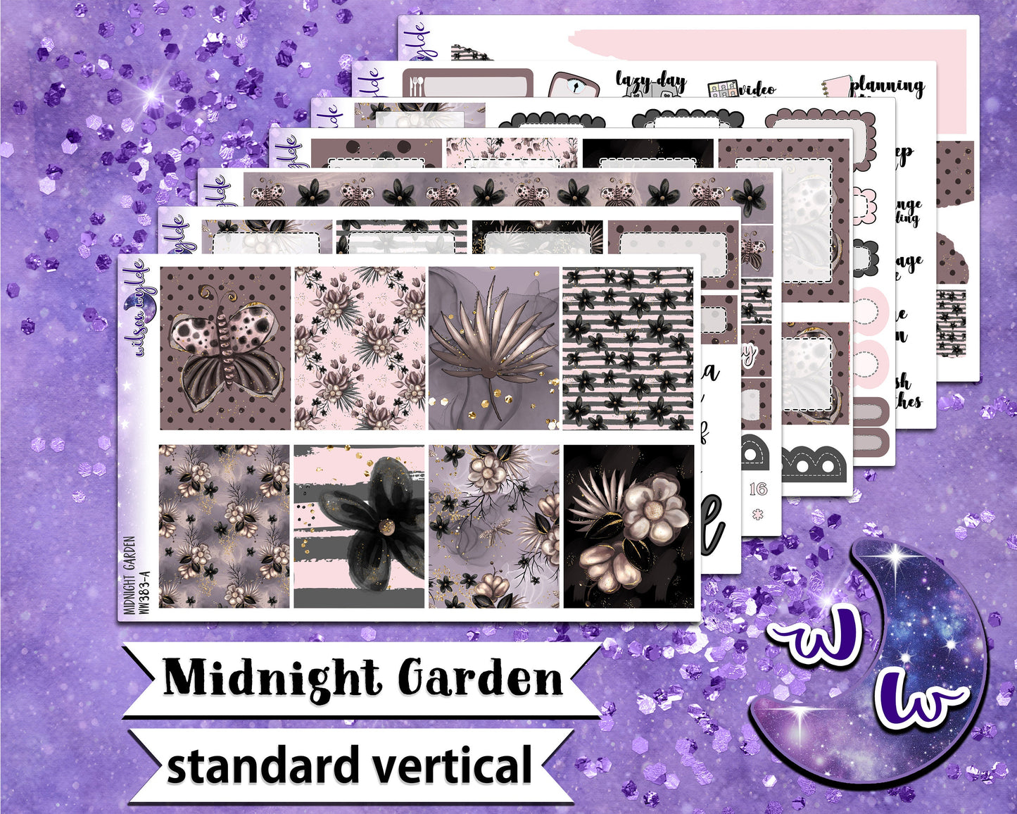 Midnight Garden full weekly sticker kit, STANDARD VERTICAL format, a la carte and bundle options. WW383