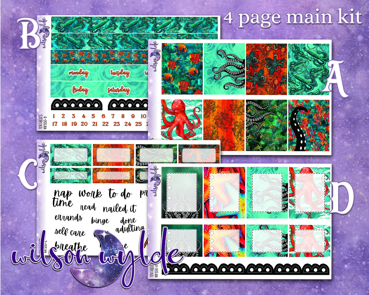 Tentacles full weekly sticker kit, HOBONICHI COUSIN format, a la carte and bundle options. WW350