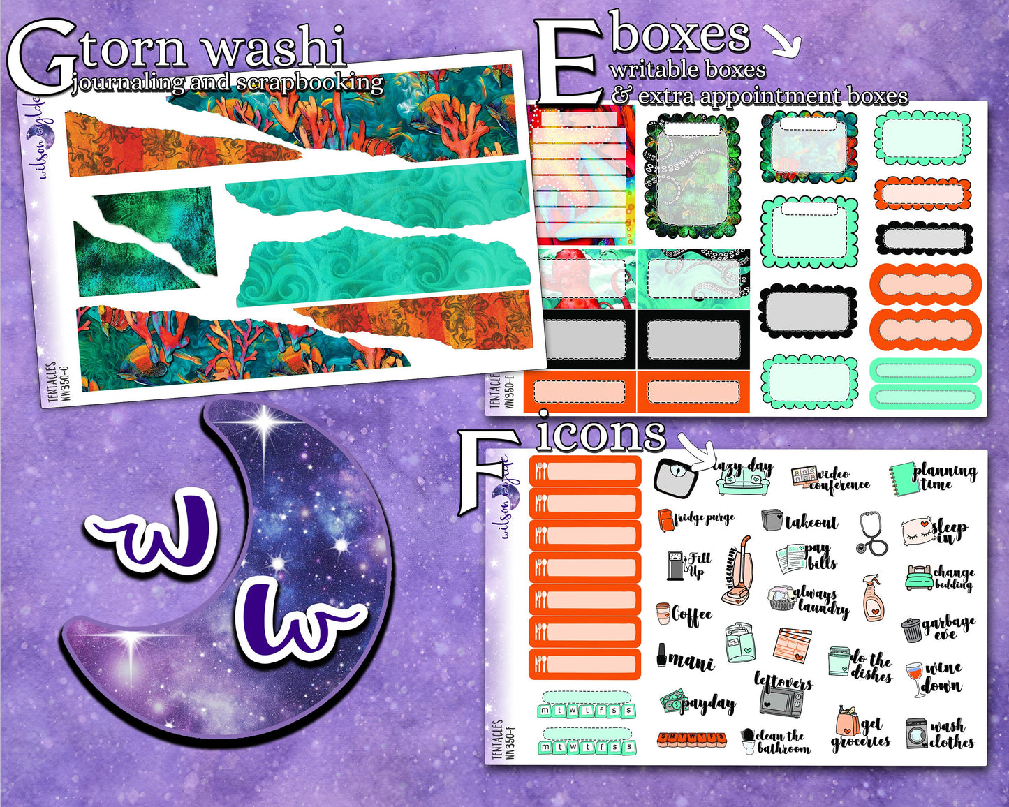 Tentacles full weekly sticker kit, HOBONICHI COUSIN format, a la carte and bundle options. WW350