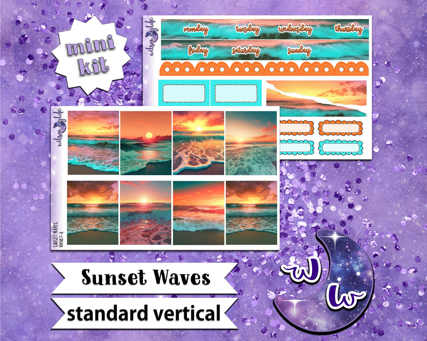 Sunset Waves mini weekly sticker kit, STANDARD VERTICAL format, a la carte and bundle options. WW487