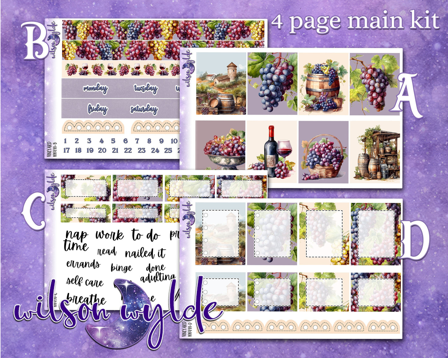 Vineyard full weekly sticker kit, HOBONICHI COUSIN format, a la carte and bundle options. WW491