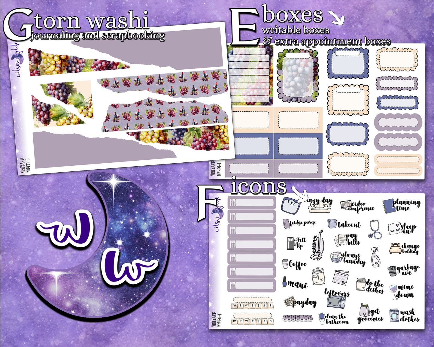 Vineyard full weekly sticker kit, HOBONICHI COUSIN format, a la carte and bundle options. WW491