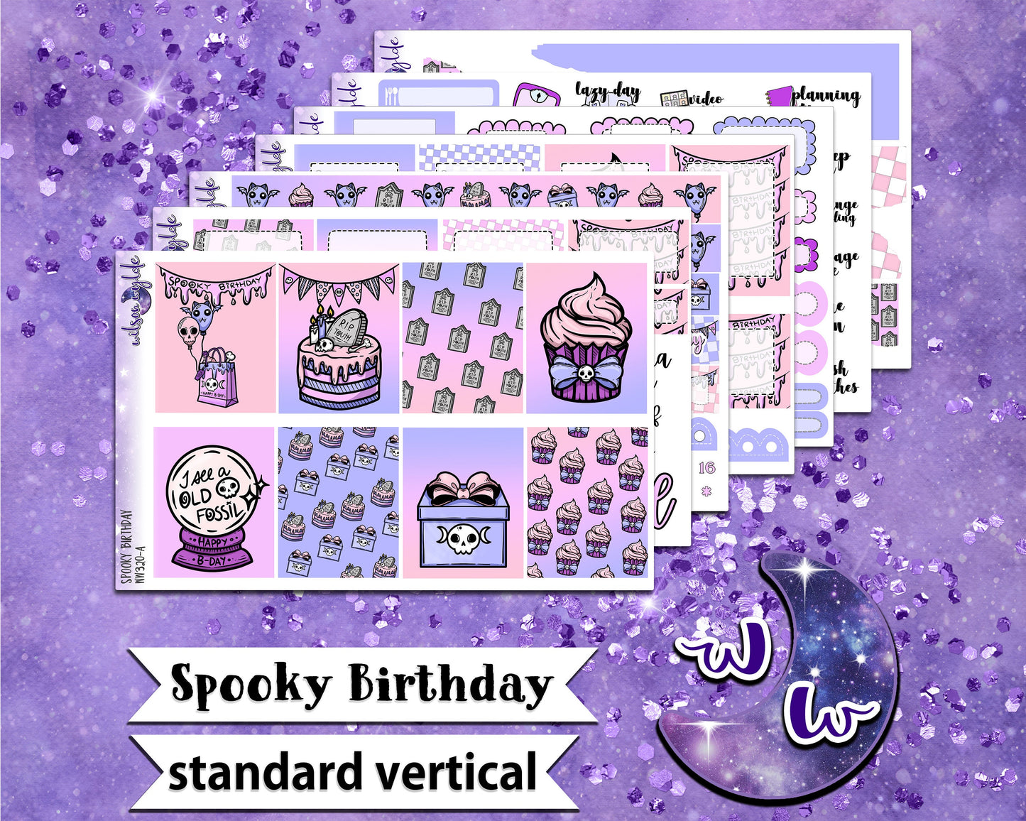 Spooky Birthday full weekly sticker kit, STANDARD VERTICAL format, a la carte and bundle options. WW320