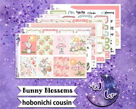 Bunny Blossoms full weekly sticker kit, HOBONICHI COUSIN format, a la carte and bundle options. WW413