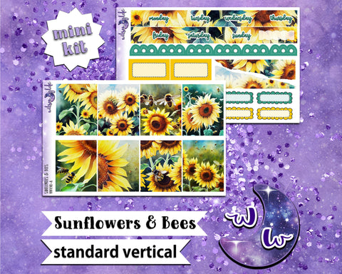Sunflowers & Bees mini weekly sticker kit, STANDARD VERTICAL format, a la carte and bundle options. WW498