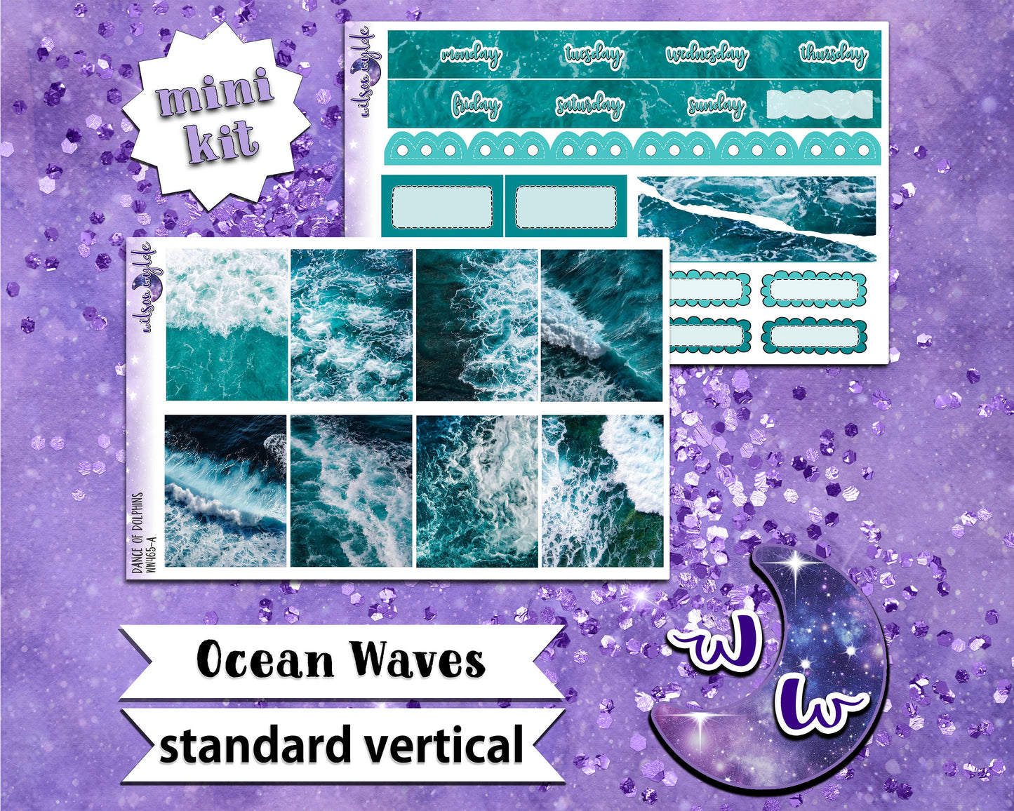 Ocean Waves mini weekly sticker kit, STANDARD VERTICAL format, a la carte and bundle options. WW466
