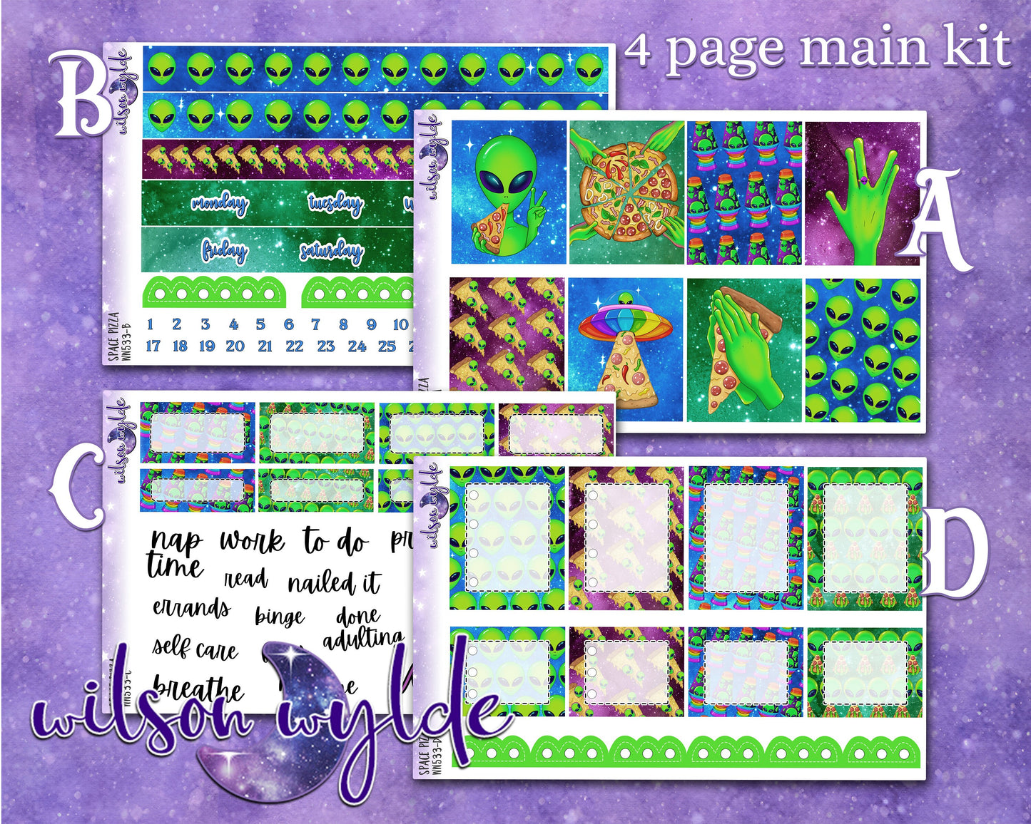 Space Pizza full weekly sticker kit, STANDARD VERTICAL format, a la carte and bundle options. WW533