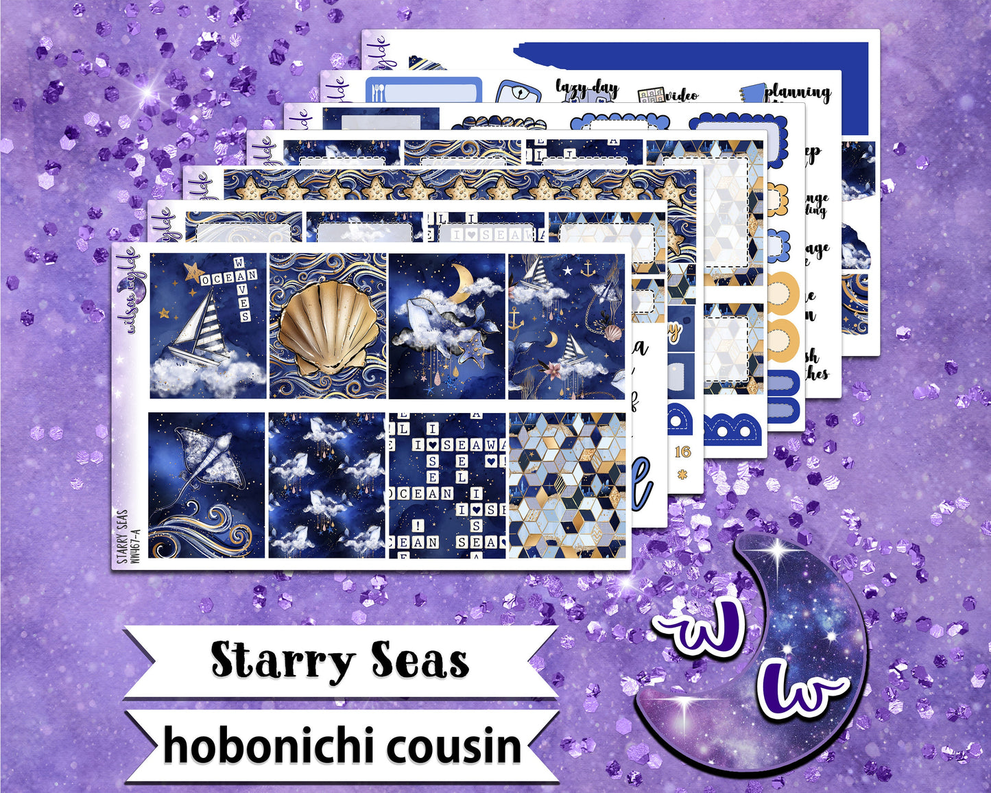 Starry Seas full weekly sticker kit, HOBONICHI COUSIN format, a la carte and bundle options. WW467