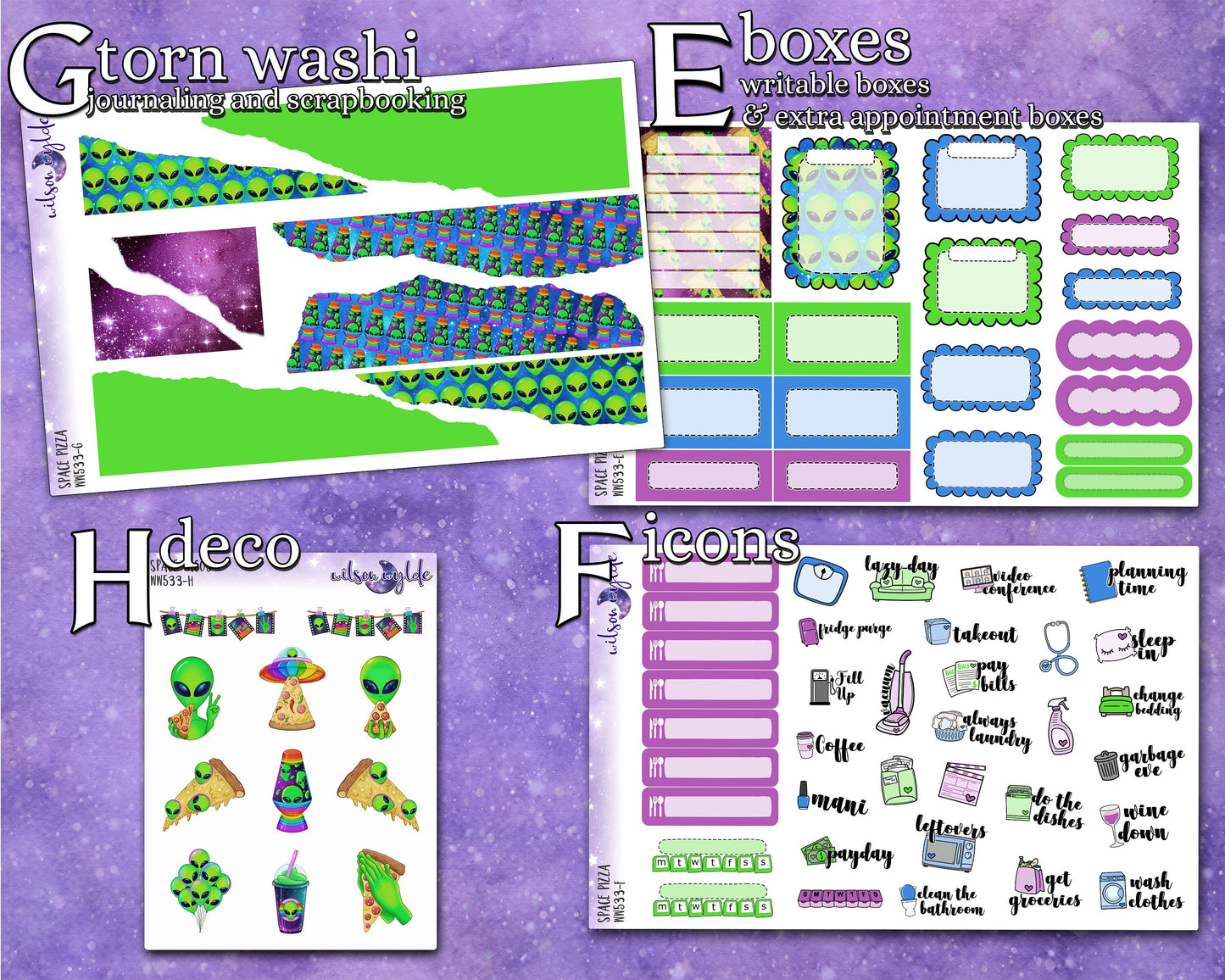 Space Pizza full weekly sticker kit, STANDARD VERTICAL format, a la carte and bundle options. WW533