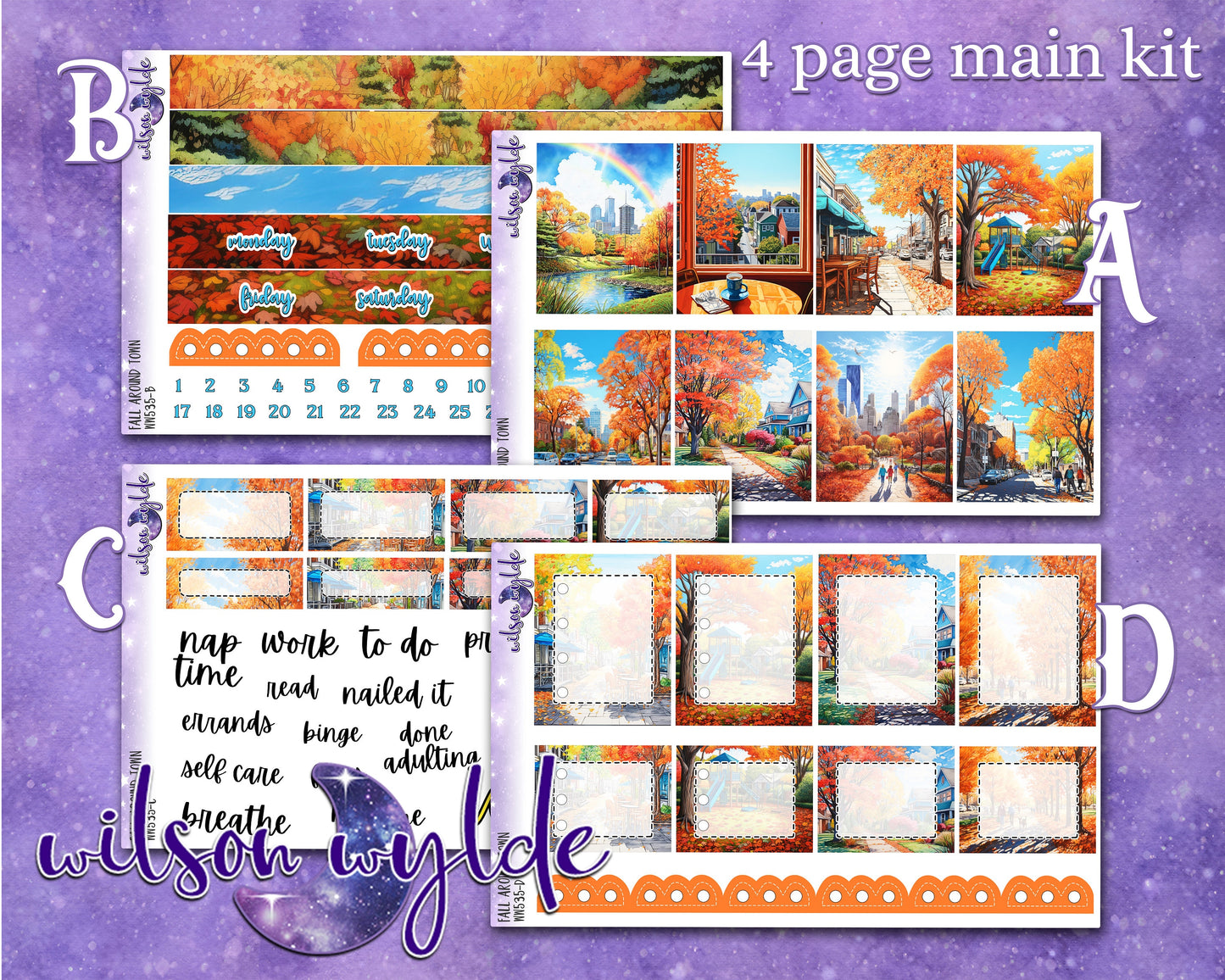 Fall Around Town full weekly sticker kit, STANDARD VERTICAL format, a la carte and bundle options. WW535