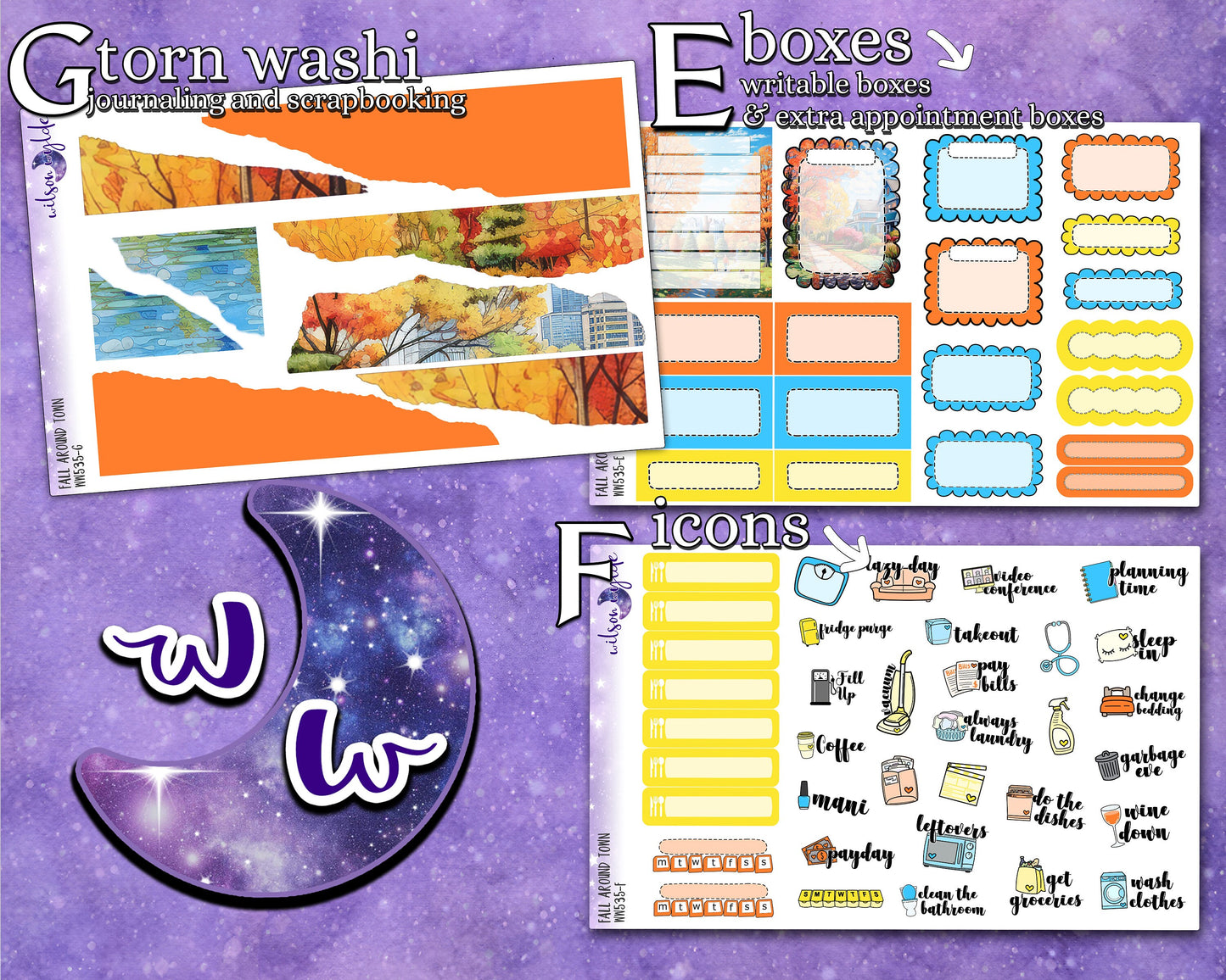 Fall Around Town full weekly sticker kit, STANDARD VERTICAL format, a la carte and bundle options. WW535