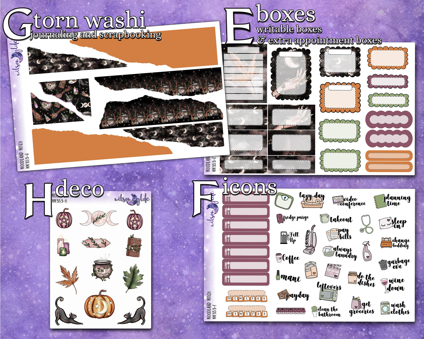 Woodland Witch full weekly sticker kit, STANDARD VERTICAL format, a la carte and bundle options. WW353