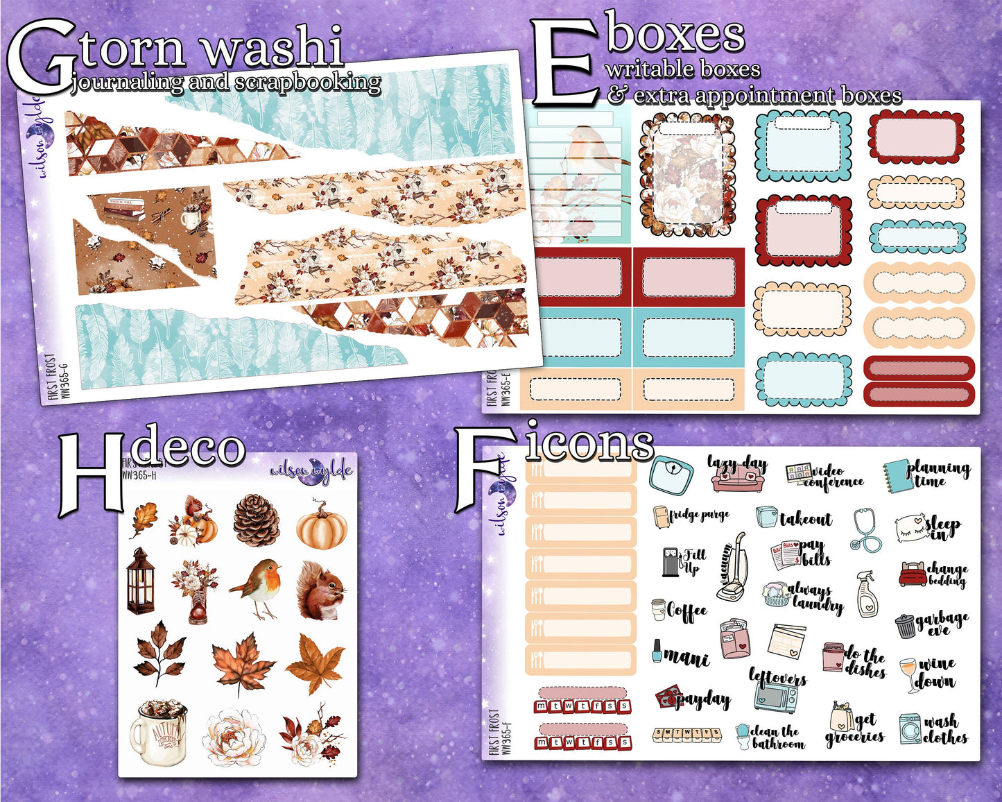 First Frost full weekly sticker kit, STANDARD VERTICAL format, a la carte and bundle options. WW365