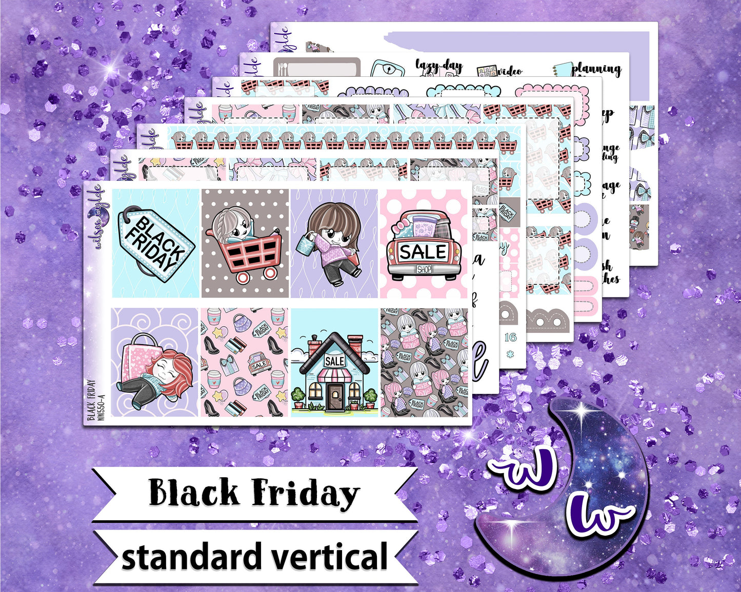 OVERSTOCK Black Friday full weekly sticker kit, STANDARD VERTICAL format, WW550