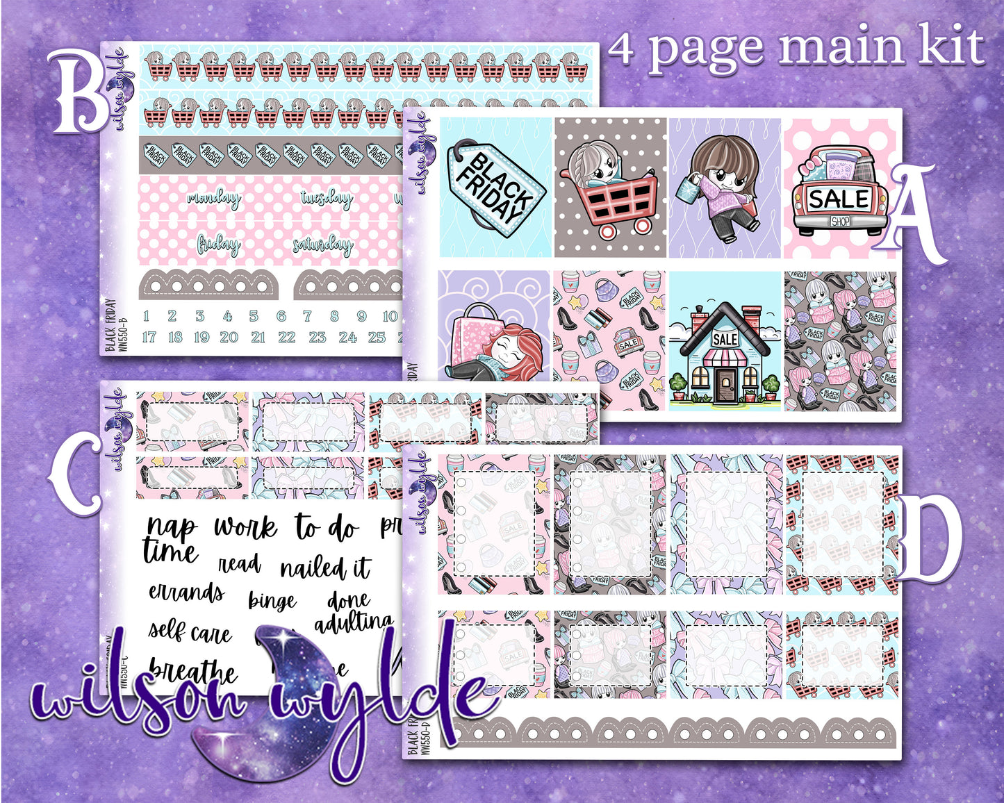 Black Friday weekly sticker kit, HOBONICHI COUSIN format, a la carte and bundle options. WW550