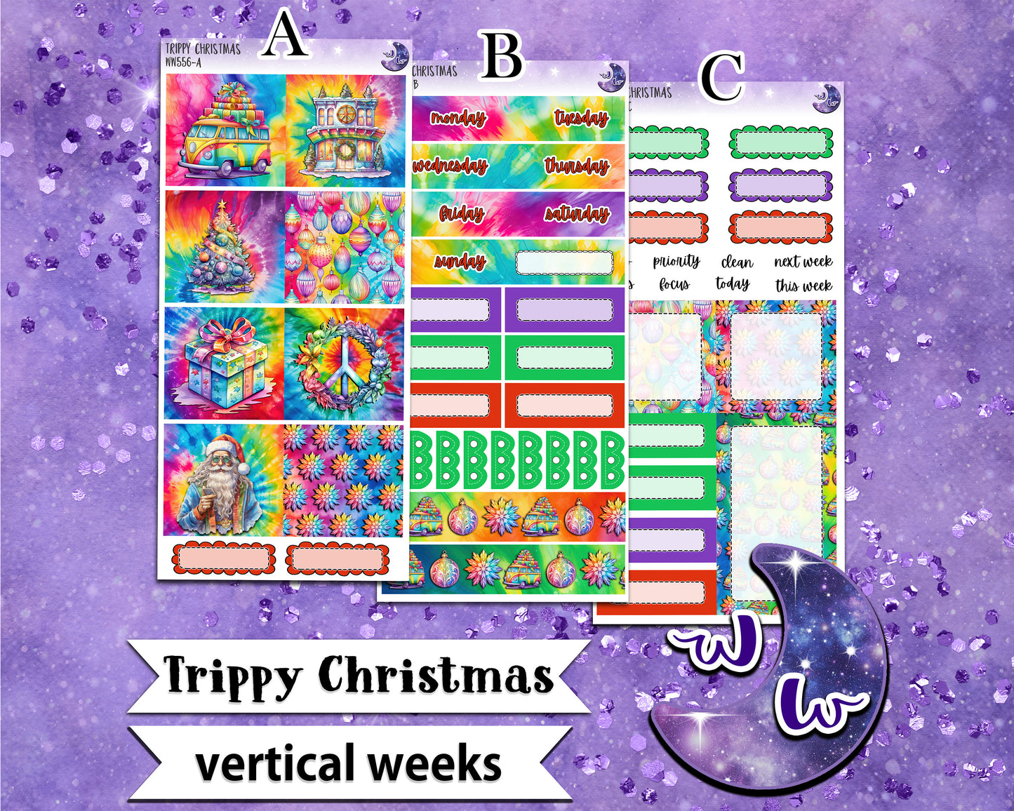 Trippy Christmas weekly sticker kit, VERTICAL WEEKS format, Print Pression weeks, a la carte and bundle options. WW556