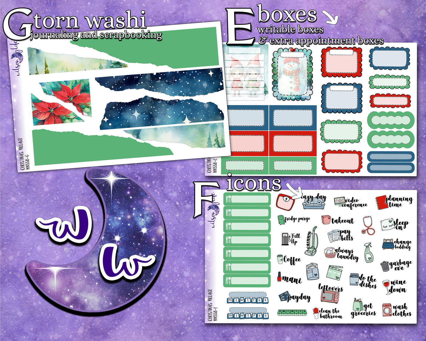 Christmas Village full weekly sticker kit, STANDARD VERTICAL format, a la carte and bundle options. WW558