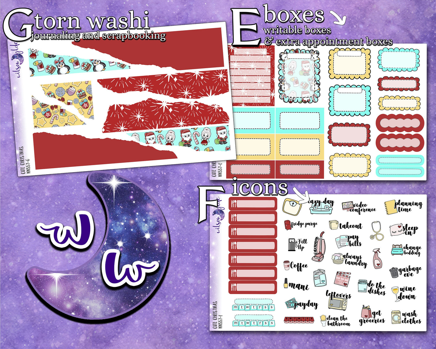 Cute Christmas weekly sticker kit, HOBONICHI COUSIN format, a la carte and bundle options. WW557