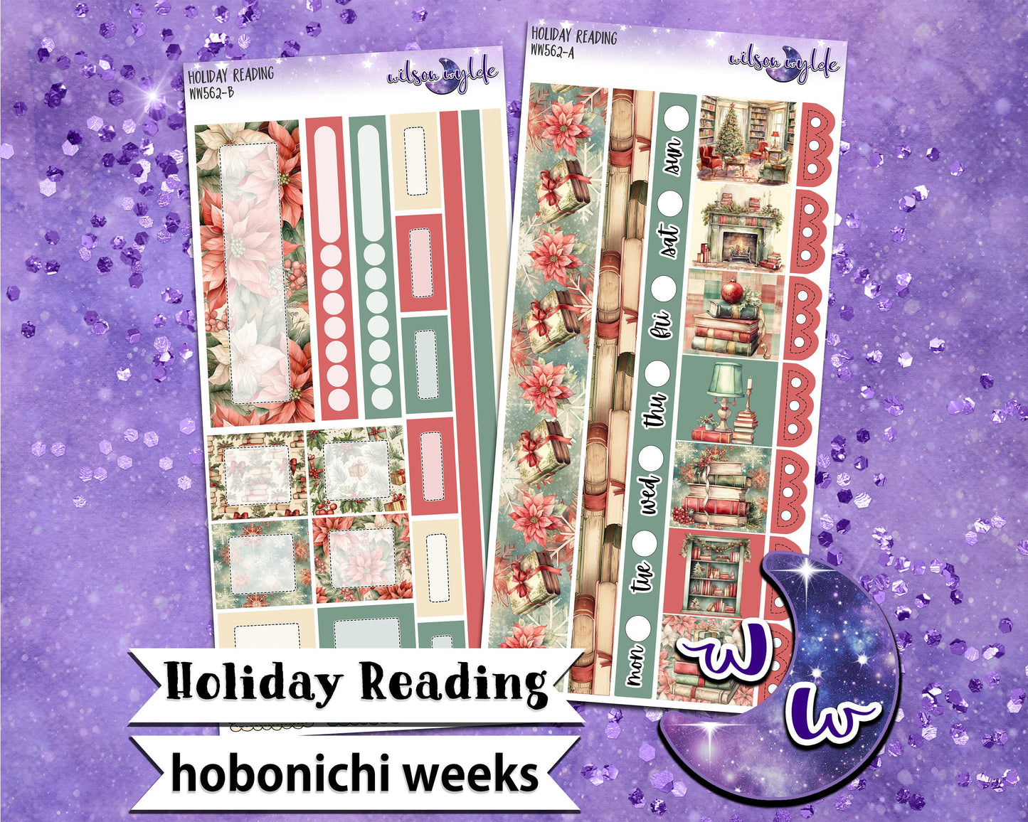 Holiday Reading weekly sticker kit, HOBONICHI WEEKS format, a la carte and bundle options. WW562